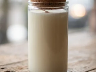 Tall Calypso 16 oz glass jar candle with a cork lid, cream soy wax in clear recycled glass on a rustic wooden table