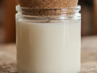Calypso 9 oz glass jar candle with a cork lid, cream soy wax in clear recycled glass on a wooden table