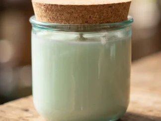 Classico glass jar candle with a cork lid, pale green soy wax in recycled glass on a wooden table