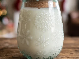 Flurry snowflake candle, a 20 oz glass jar embossed with snowflakes and a cork lid, white soy wax on a wooden table